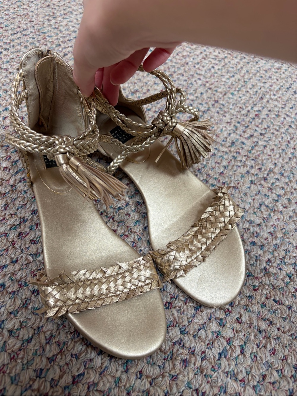 White House Black Market Metallic Gold Braided Tassel Ankle Sandals